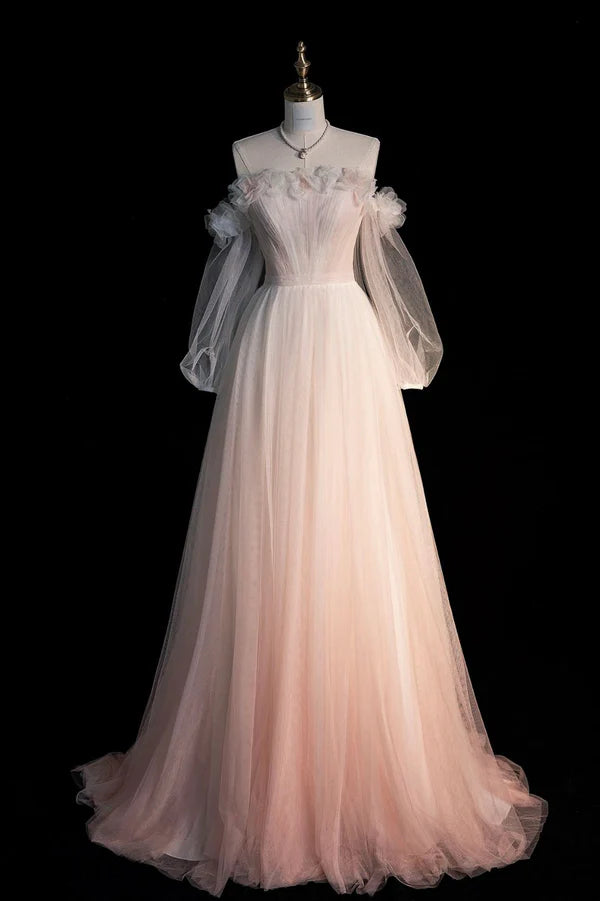 Wholesale Pink Gradient Tulle Long A-Line Prom Dress Long Sleeve Evening Party Dress